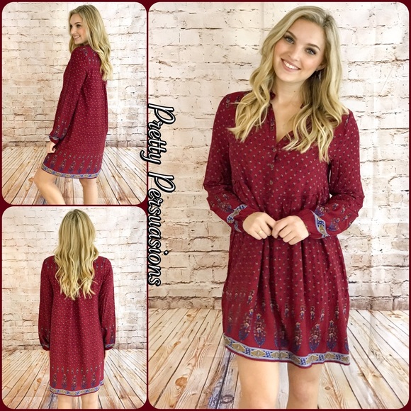Pretty Persuasions Dresses & Skirts - LAST TWO‼️Wine Long Slv Border Print Peasant Dress