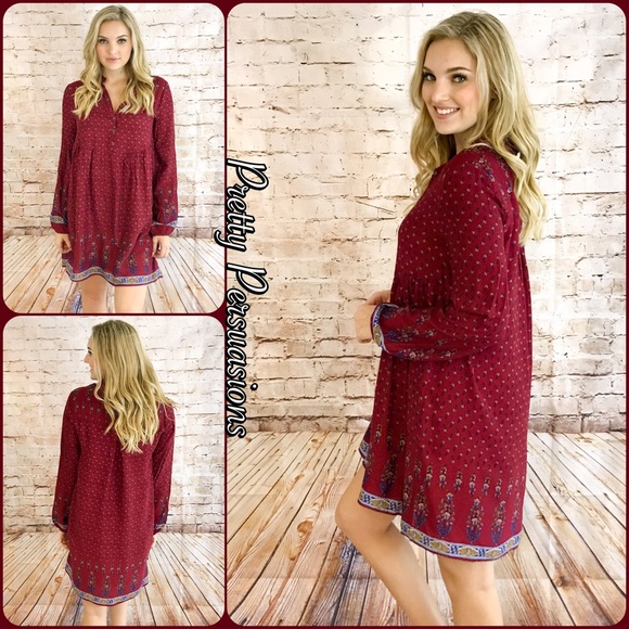 LAST TWO‼️Wine Long Slv Border Print Peasant Dress - Picture 2 of 4