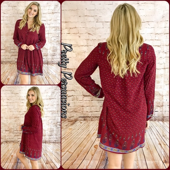 LAST TWO‼️Wine Long Slv Border Print Peasant Dress - Picture 3 of 4