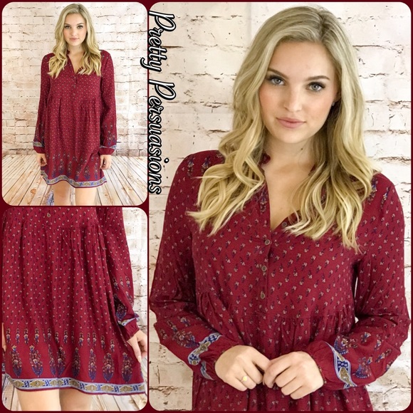 LAST TWO‼️Wine Long Slv Border Print Peasant Dress - Picture 4 of 4