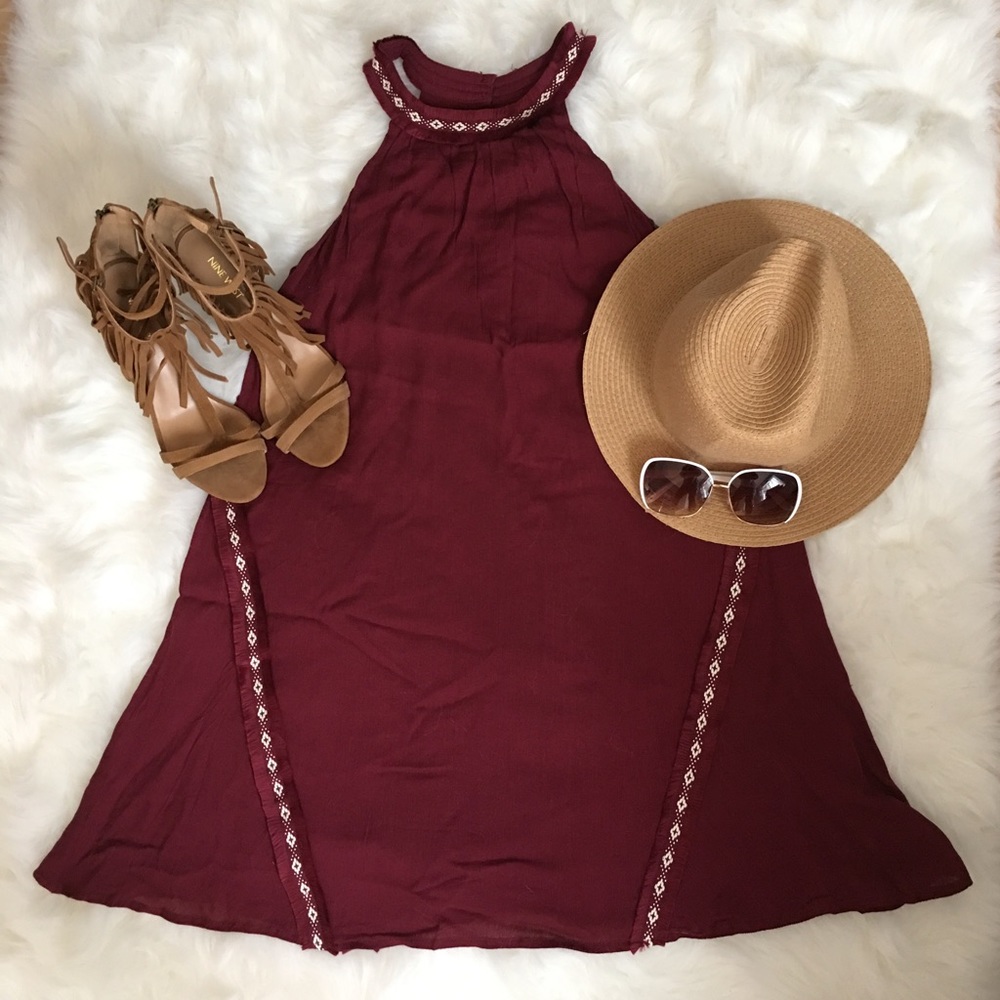 Moon River Burgundy Boho Trim Swing Dress