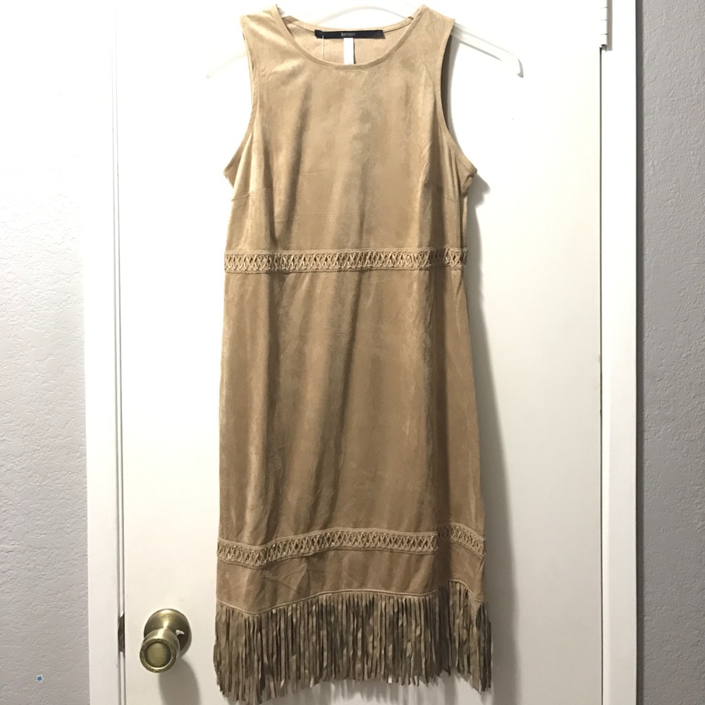 Kensie tan faux suede dress with fringe