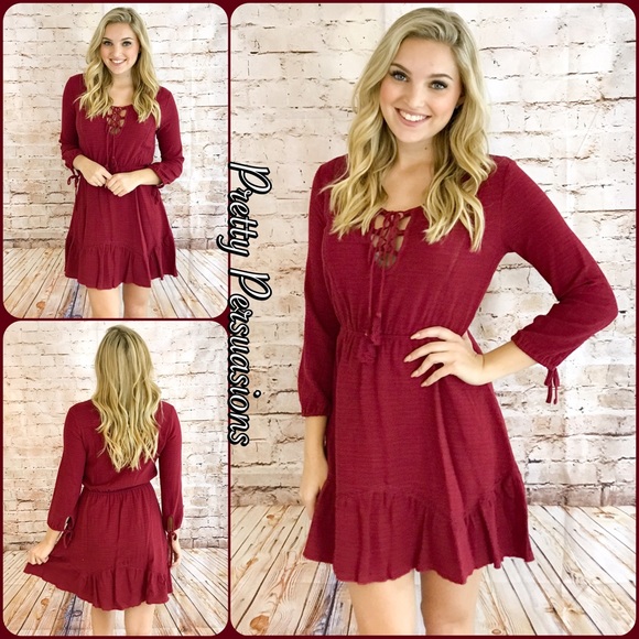 NWT Burgundy Smock Waist Lace Up Flirty Boho Dress - Picture 2 of 5