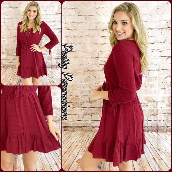 NWT Burgundy Smock Waist Lace Up Flirty Boho Dress - Picture 3 of 5