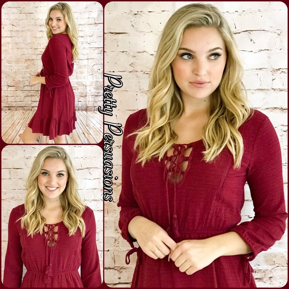 NWT Burgundy Smock Waist Lace Up Flirty Boho Dress - Picture 5 of 5