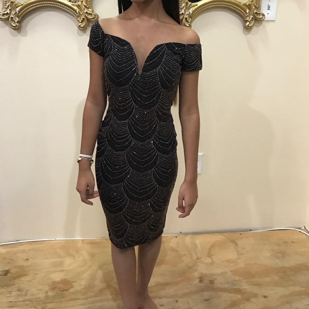 Black and Gold Off the Shoulder Dress