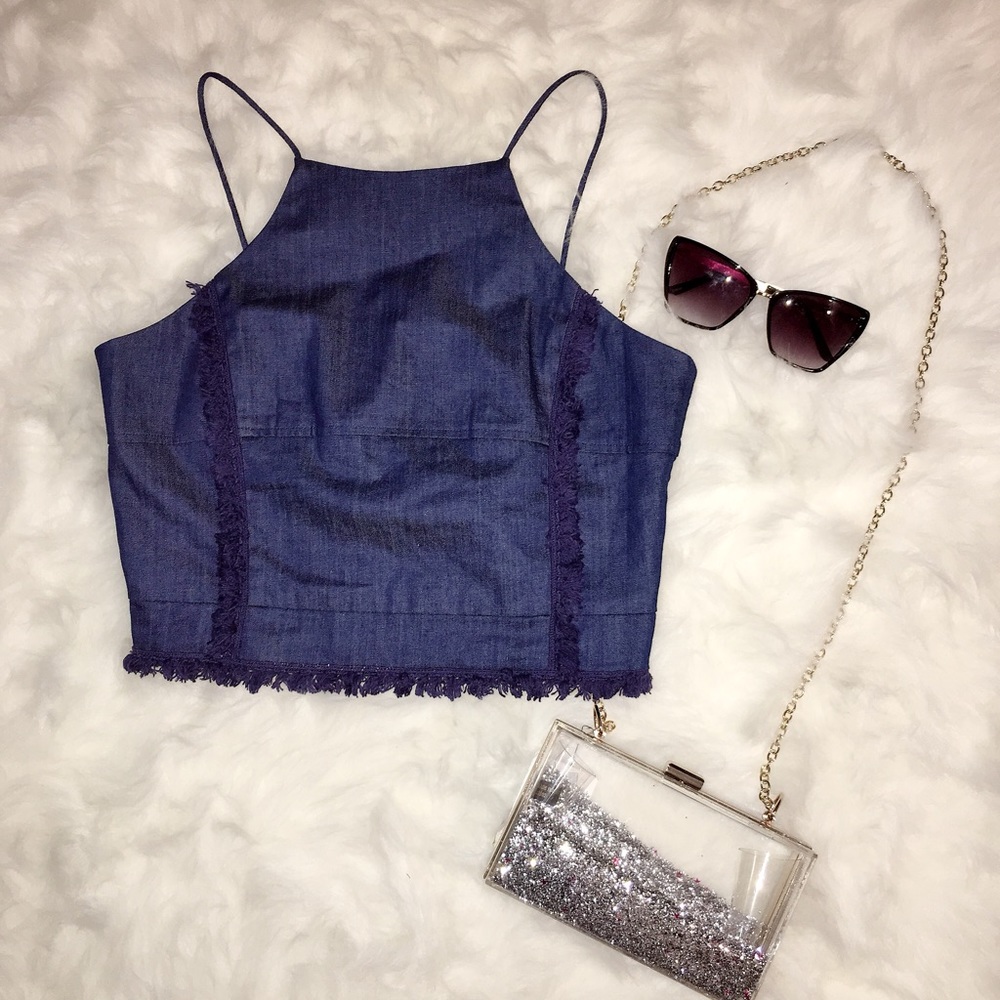 Moon River Frayed Denim Crop Tank Top