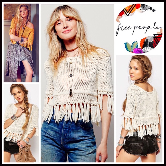 FREE PEOPLE TASSEL FRINGE PULLOVER KNIT CROP TOP - Picture 2 of 8