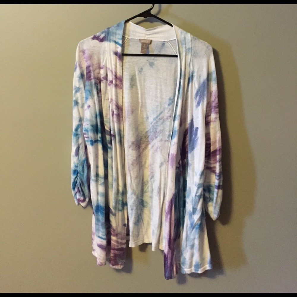 Chicos purple, blue, white open front cardigan