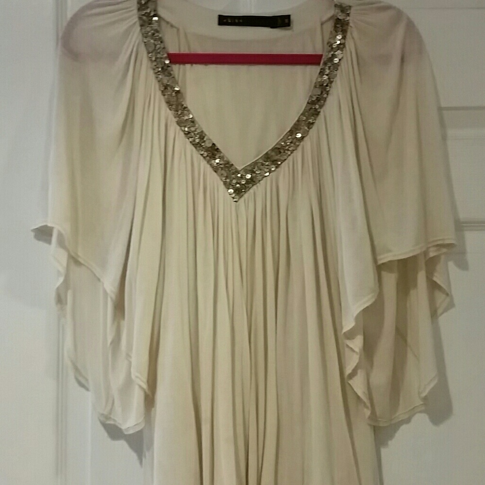 Cream V neck pleated blouse