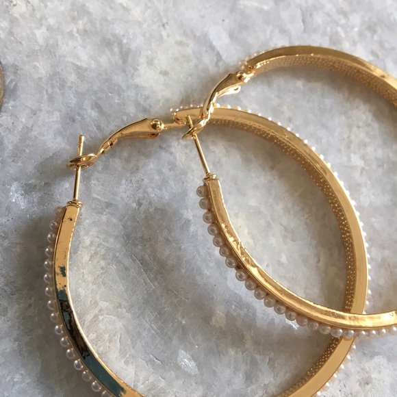 18K Gold Plated Pearl Gold Hoops - Picture 3 of 4