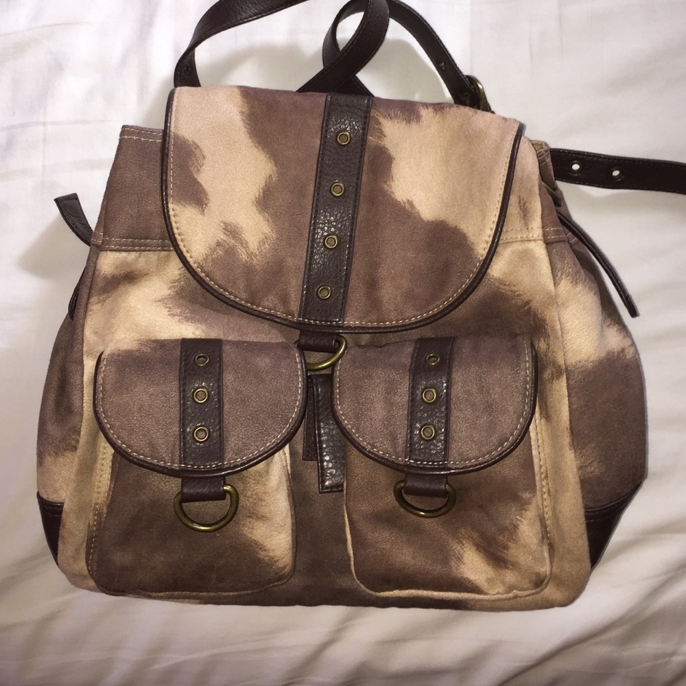 Backpack convertible to purse- Brown cow pattern