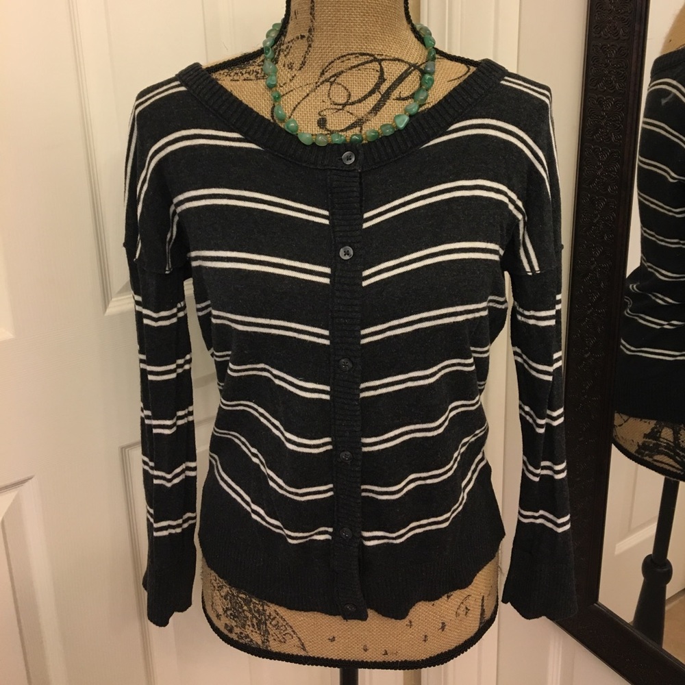 Juniors dark gray and white striped cardigan large
