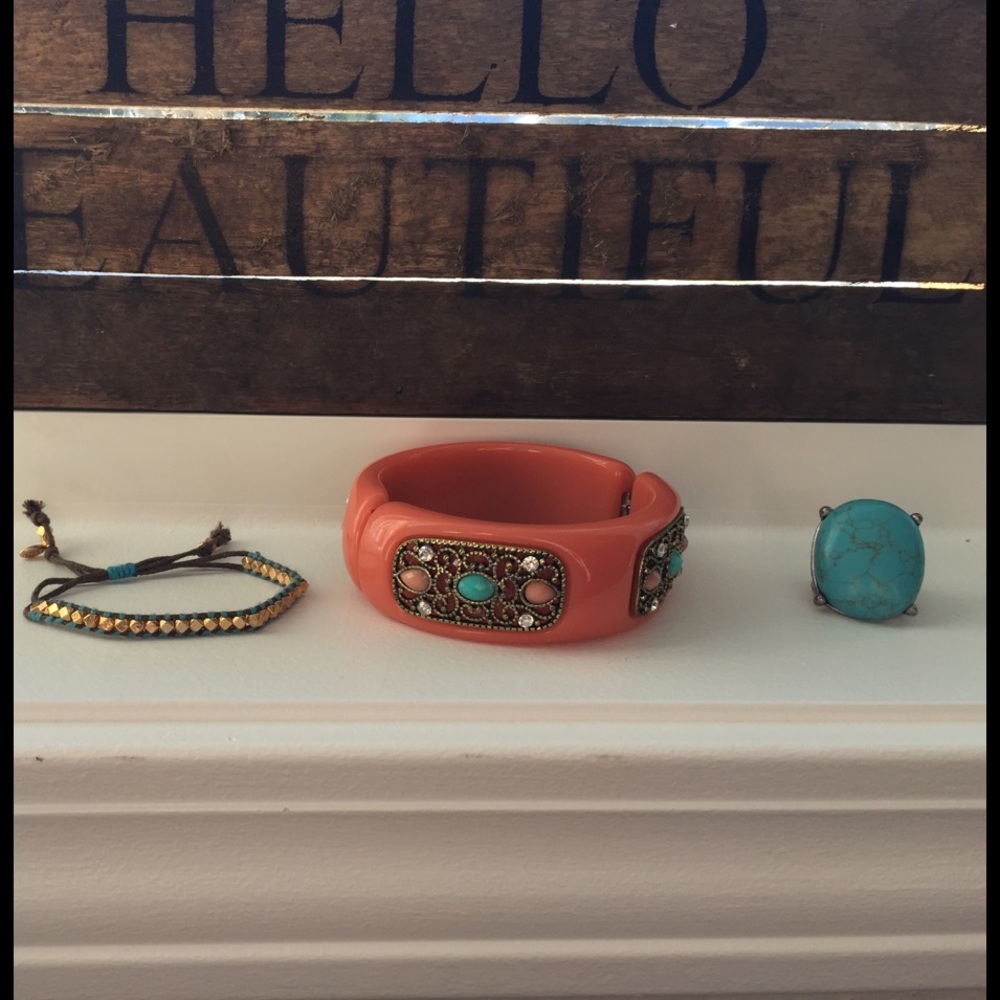 Turquoise and coral bracelet and ring bundle