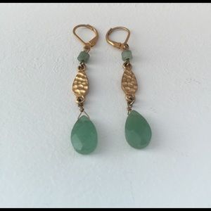 Gold and green stone dangle earrings