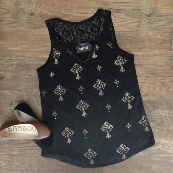 Miss Me Tops - Miss Me Black Lace Tank w Gold Cross & Gold Rivets
