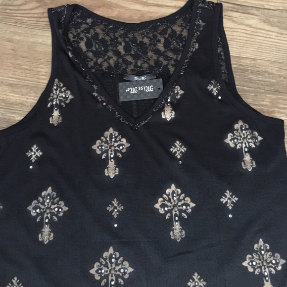 Miss Me Black Lace Tank w Gold Cross & Gold Rivets - Picture 2 of 7