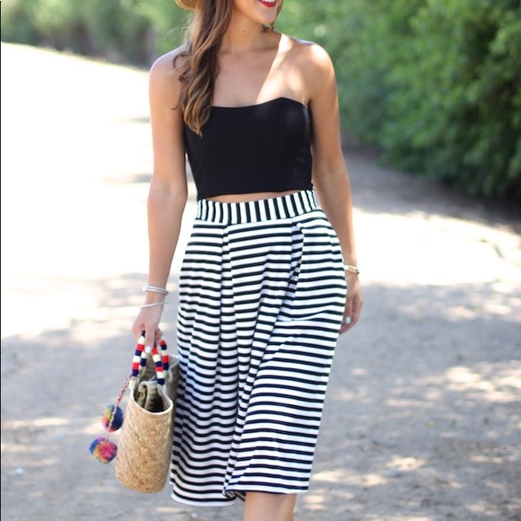 Black White Striped High Waist Skirt with Pockets - Picture 1 of 4
