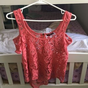 Coral off the shoulder lace top.