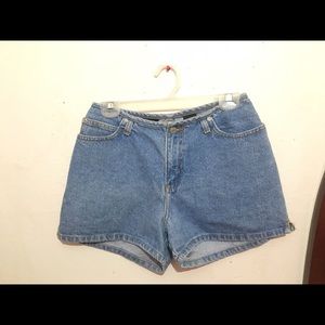 90s style high-waisted blue jean shorts