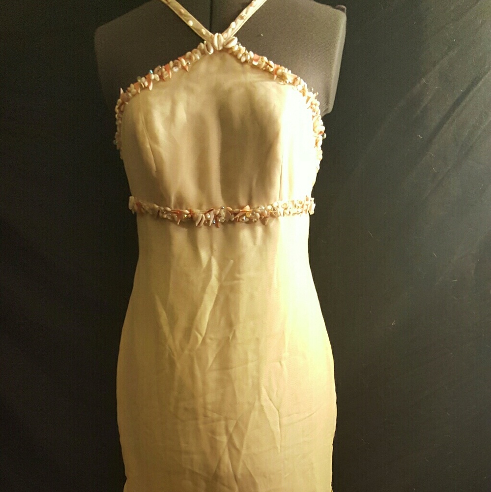 Tocca Yellow Shells/Beaded Halter Long Dress Small