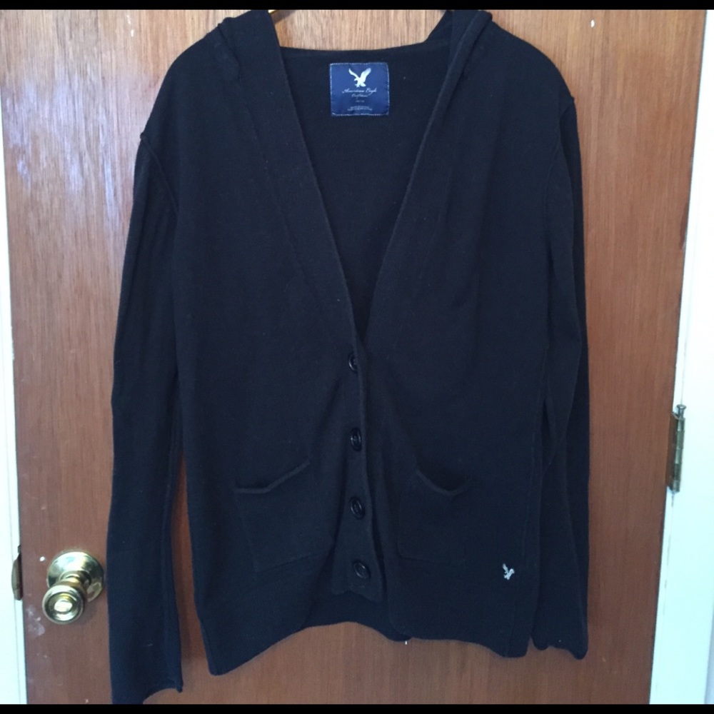 Black American Eagle Hooded Button-up Sweater