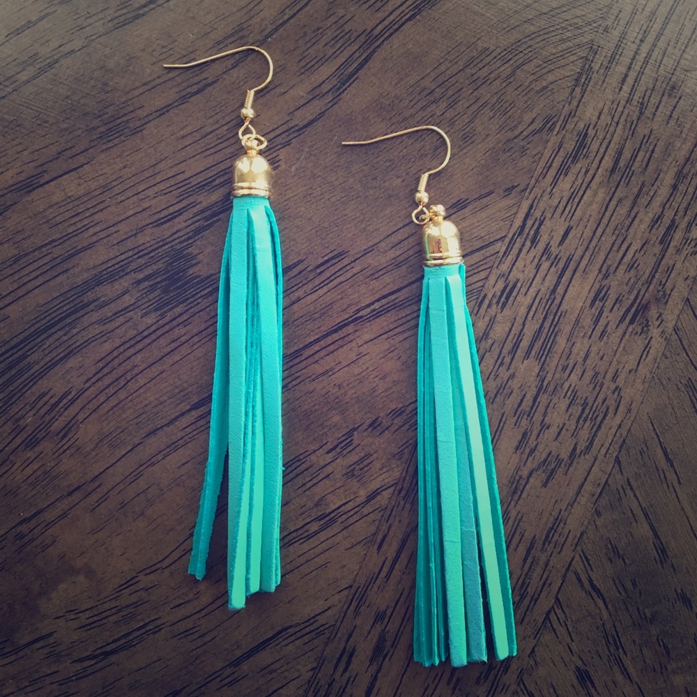 Teal leather tassel earrings