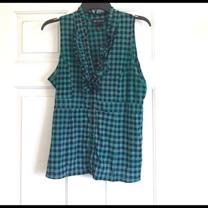 Teal Plaid Ruffle Neck Button Down Top