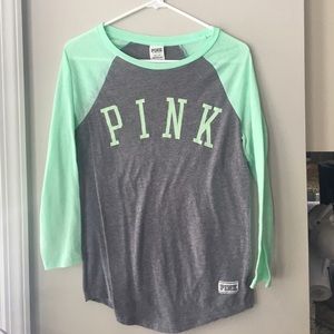 VS PINK minty green and gray baseball tee