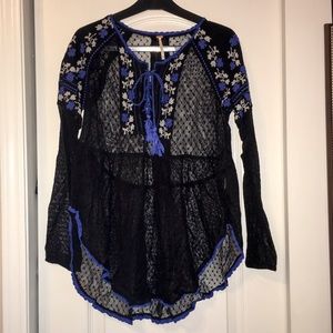 Free People Black & Blue Lace Top