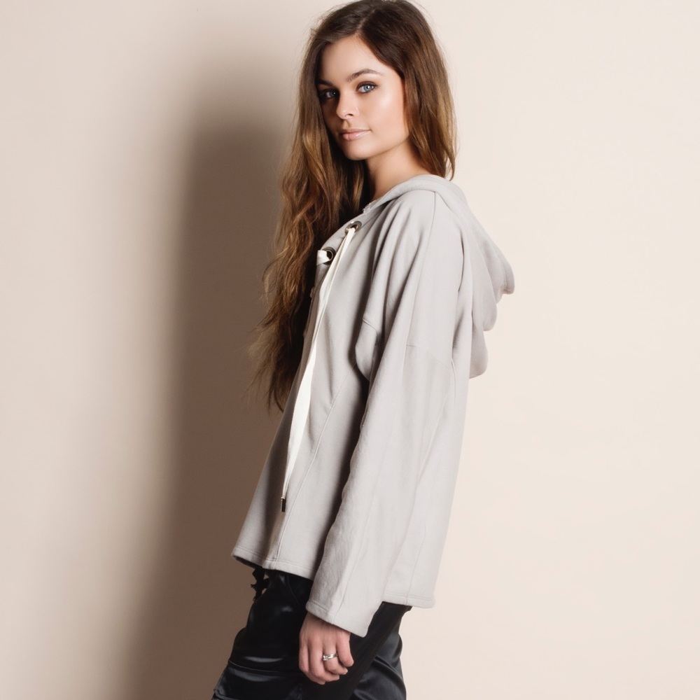 Tan Lace Up Hoodie Sweater - Picture 3 of 5