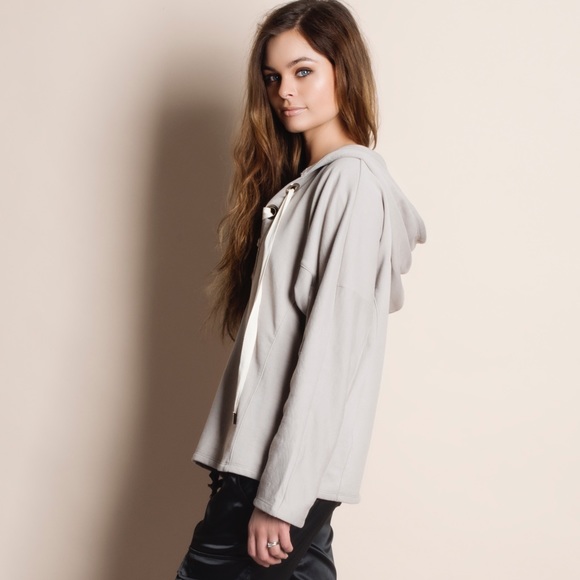 Tan Lace Up Hoodie Sweater - Picture 3 of 5