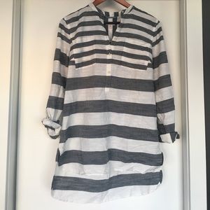 merona grey and white striped half button down