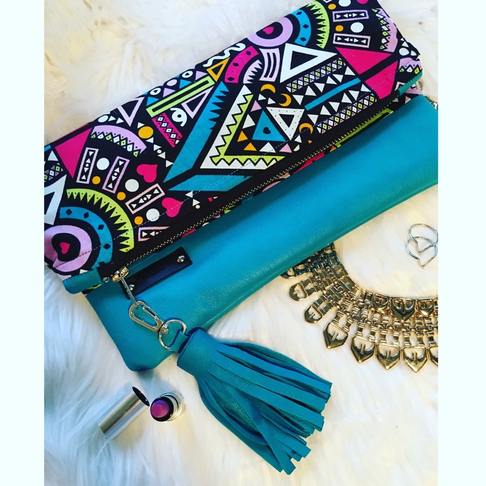 african tribal print + turquoise leather clutch