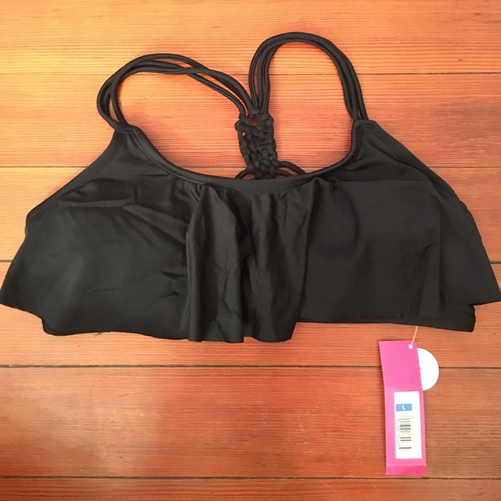 NWT Black ruffle racerback swim top