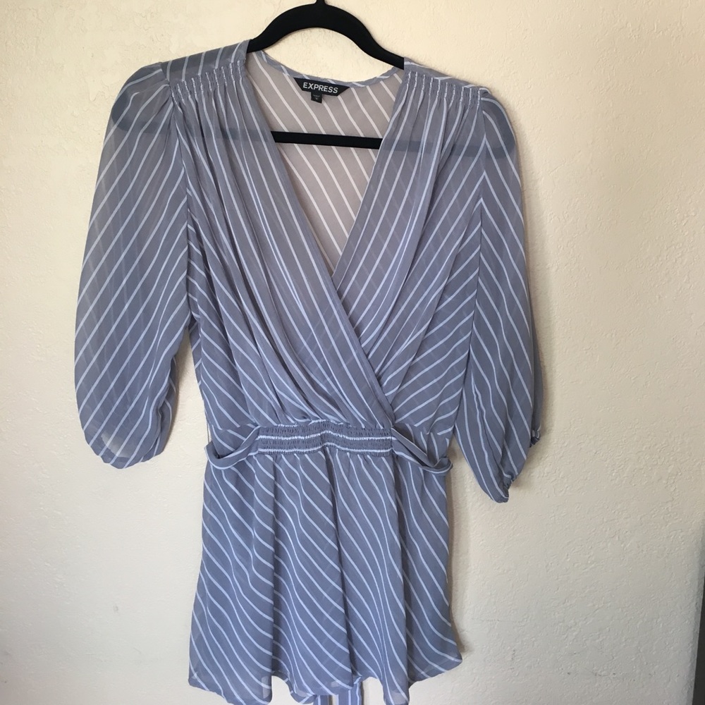 Grey Striped Blouse with Tie