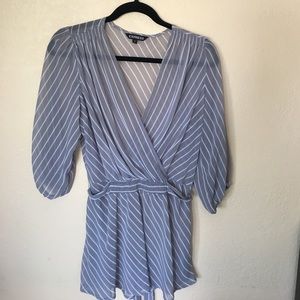 Grey Striped Blouse with Tie