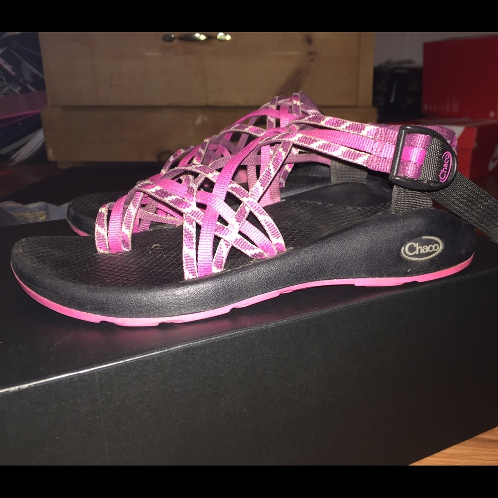 Pink and purple Chacos