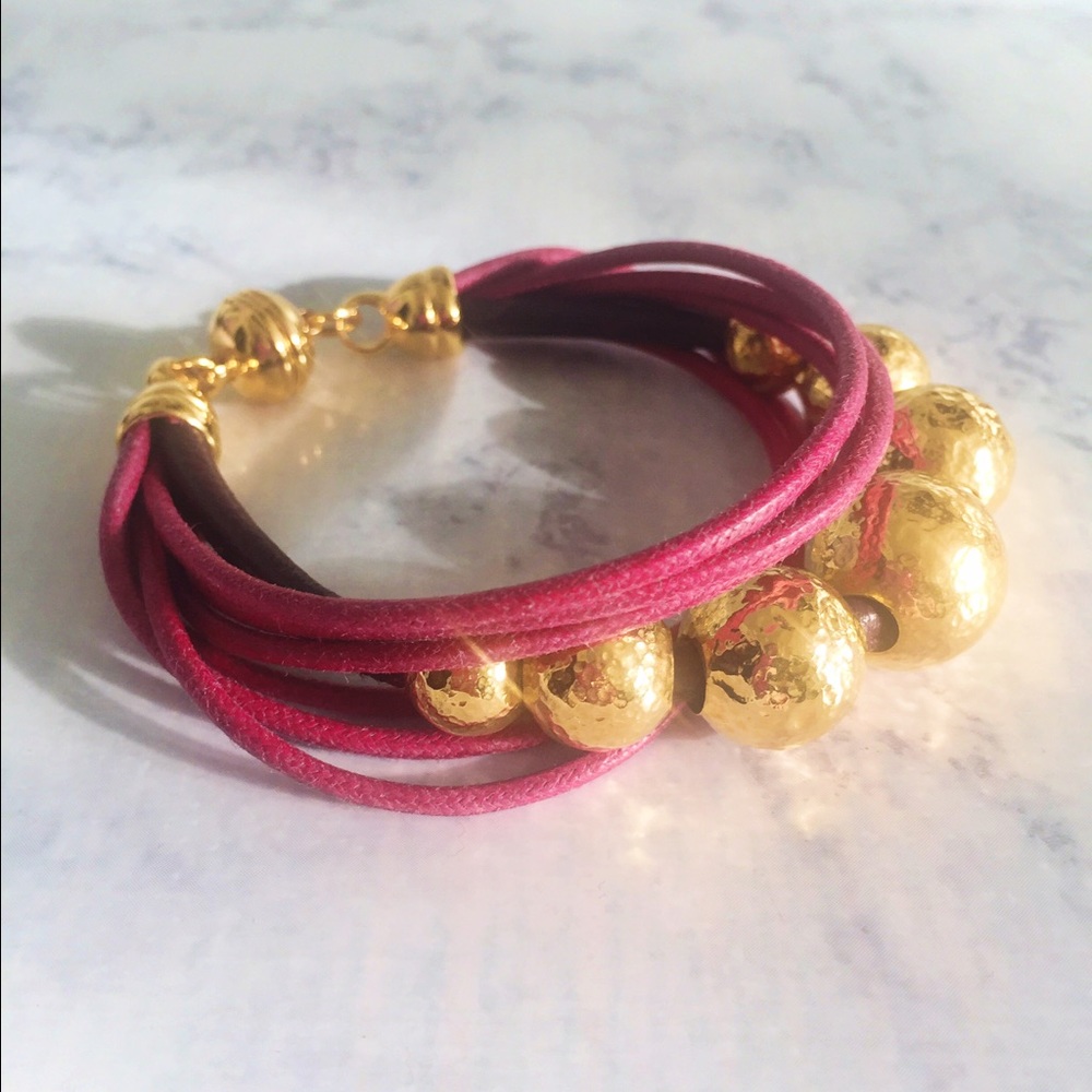 Red leather Gold beaded bracelet