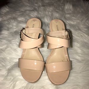 Patent leather tan wedges