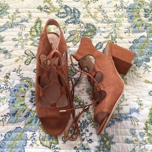 Brown Tan Suede Lace Up Block Heels