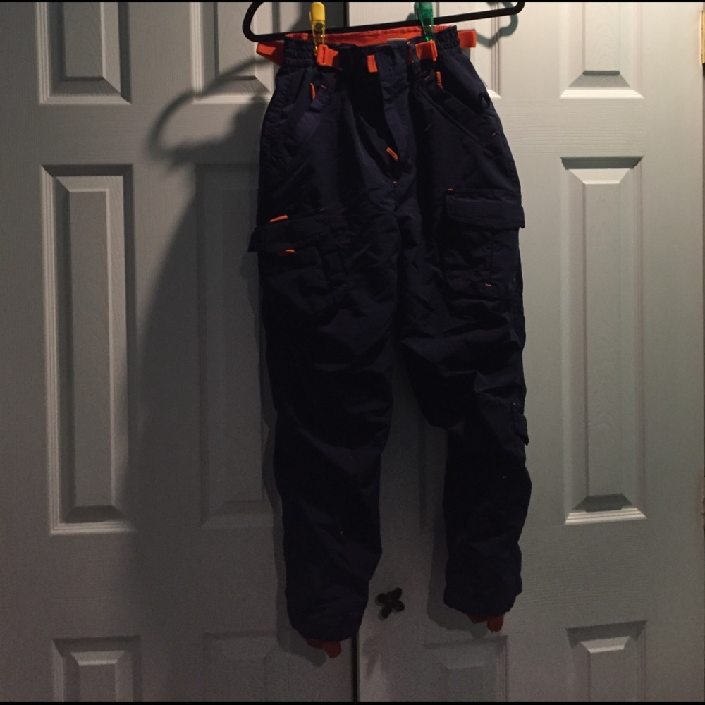 Navy and orange snow pants