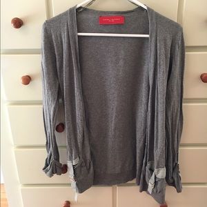 Heather gray cardigan with mint accents