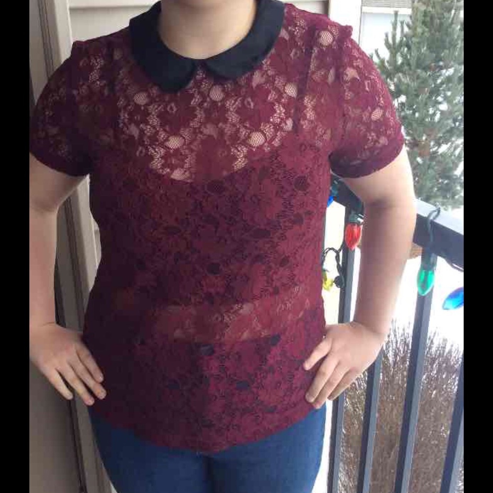 XXI Wine Lace top w/ Peter Pan Collar **Size L**
