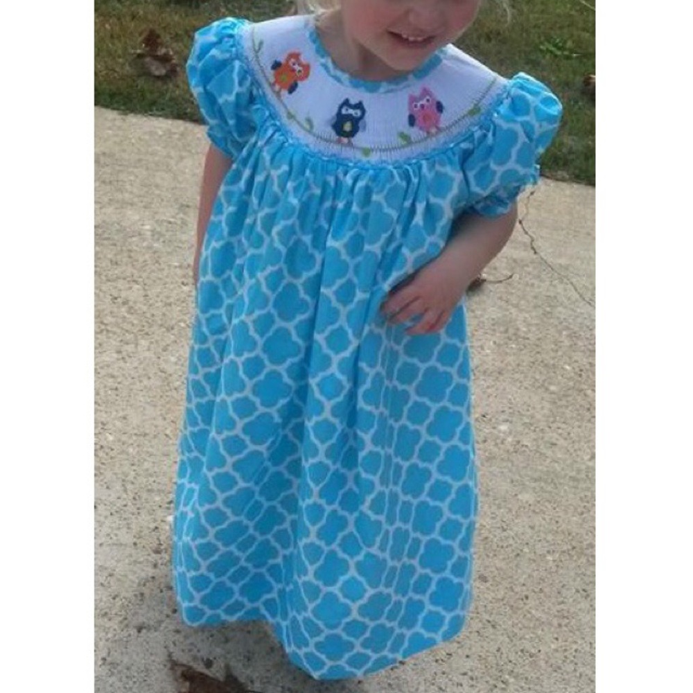 Owl smocked bishop dress