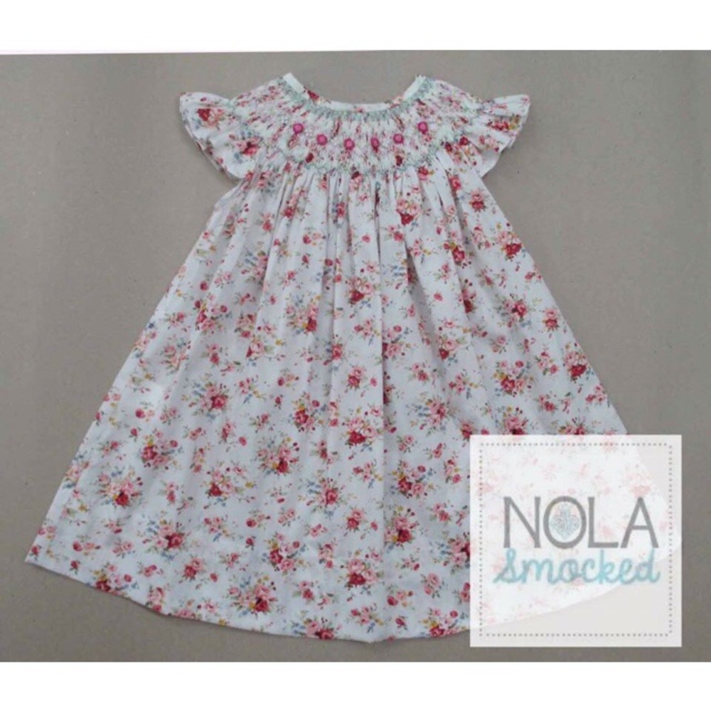 White floral smocked bishop dress