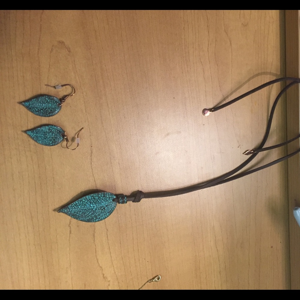 rustic turquoise leaf necklace and earring set