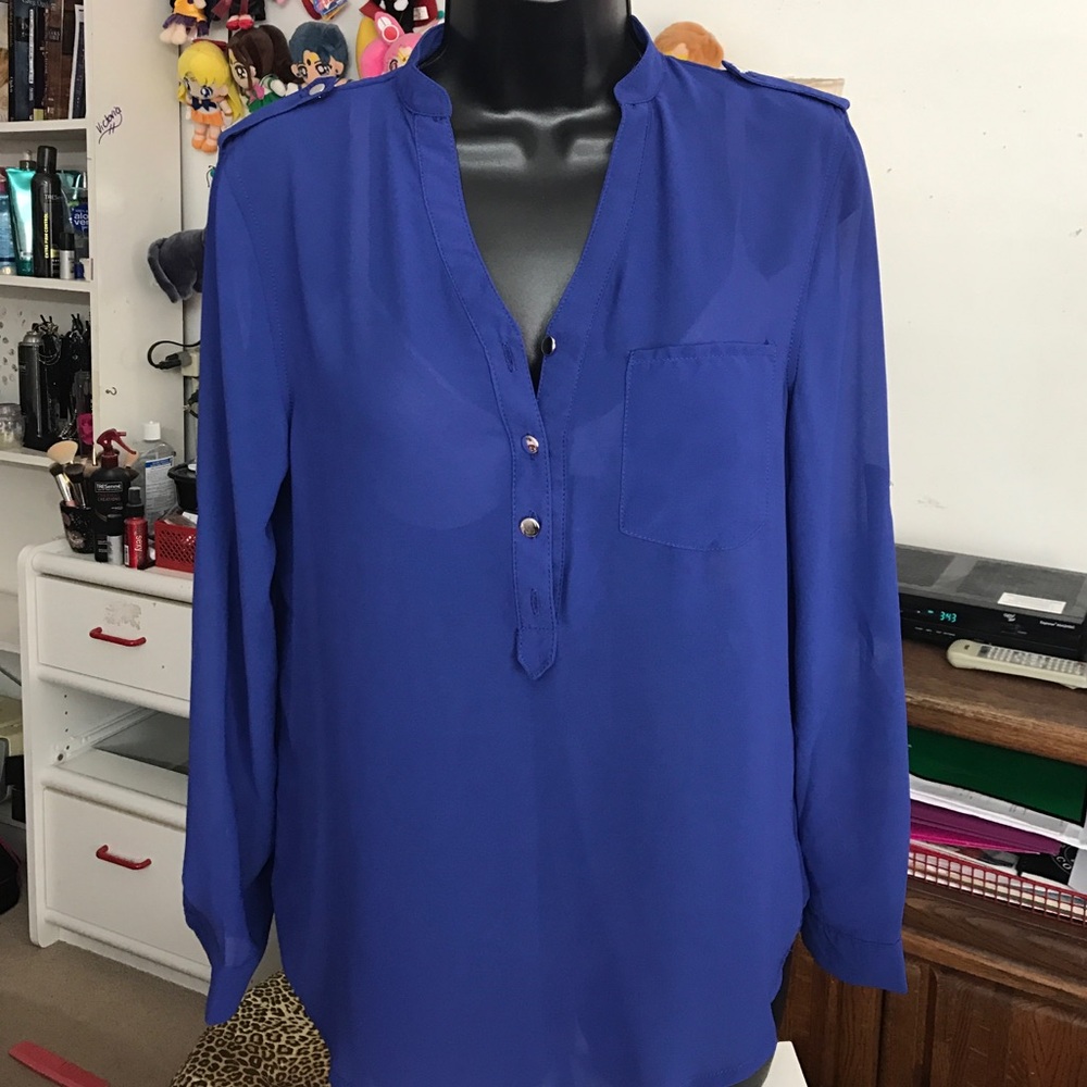Blue Button Up Dressy Blouse Chiffon Sheer Top