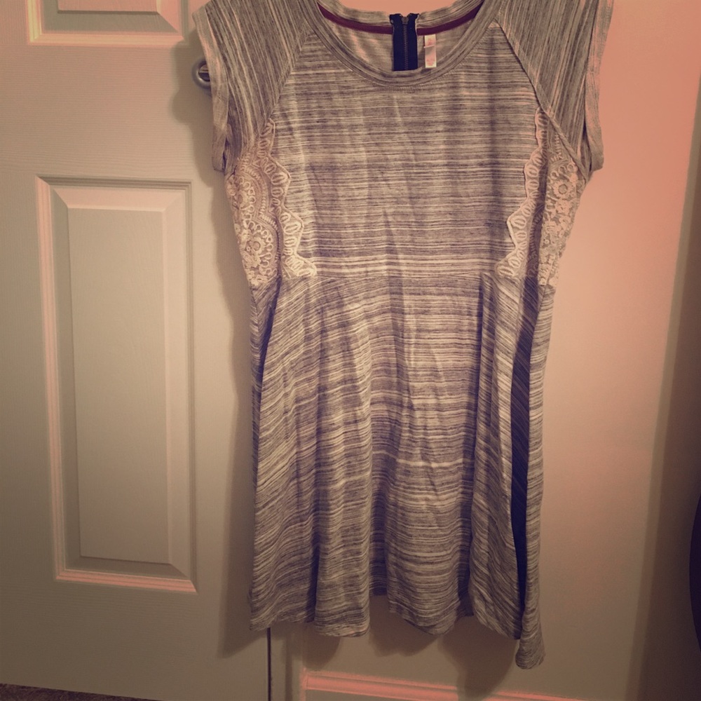 Gray sweater dress with white embroidery
