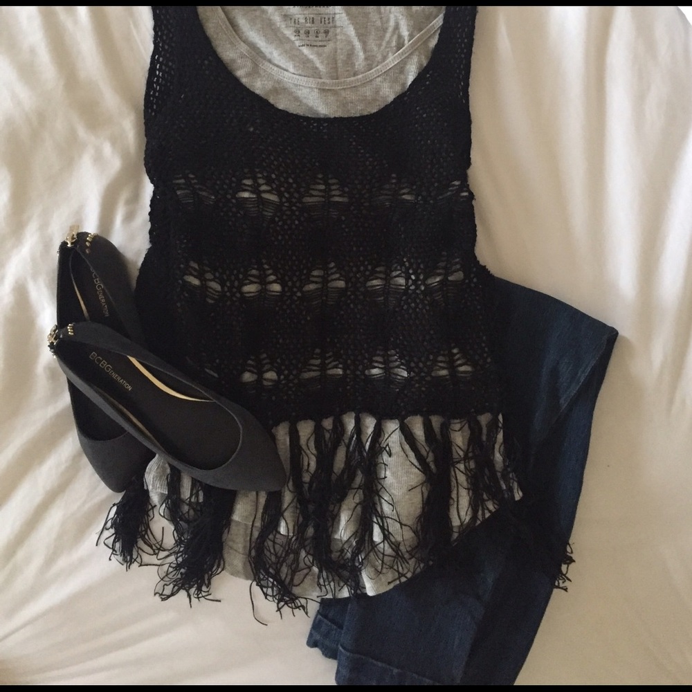 Flying Tomato Black Crochet Top w/fringe